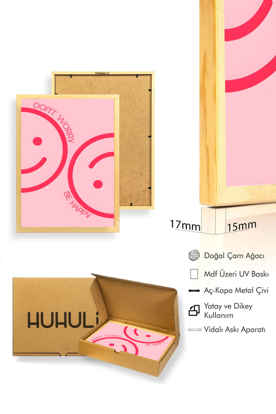Doğal Ahşap Çerçeveli Retro Tablo - Mutluluk Soyut Çizgi Sanatı | huhu2341