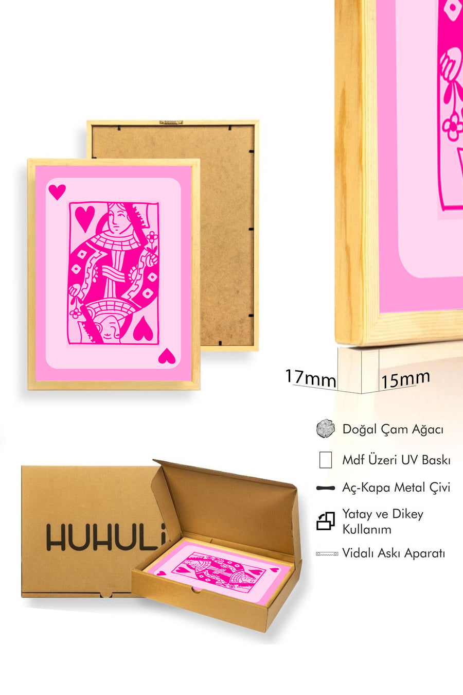 Doğal Ahşap Çerçeveli Pop Art Tablo - Retro Pembe Desen | huhu2342