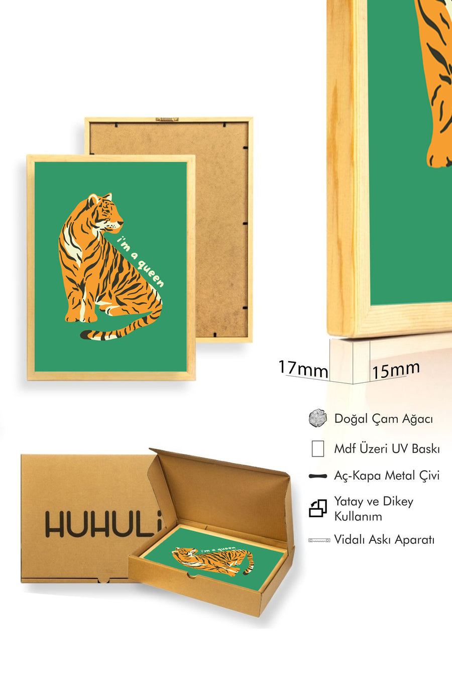 Doğal Ahşap Çerçeveli Retro Kaplan Tablo - Kraliçe Figürlü Sanat Baskı | huhu2347