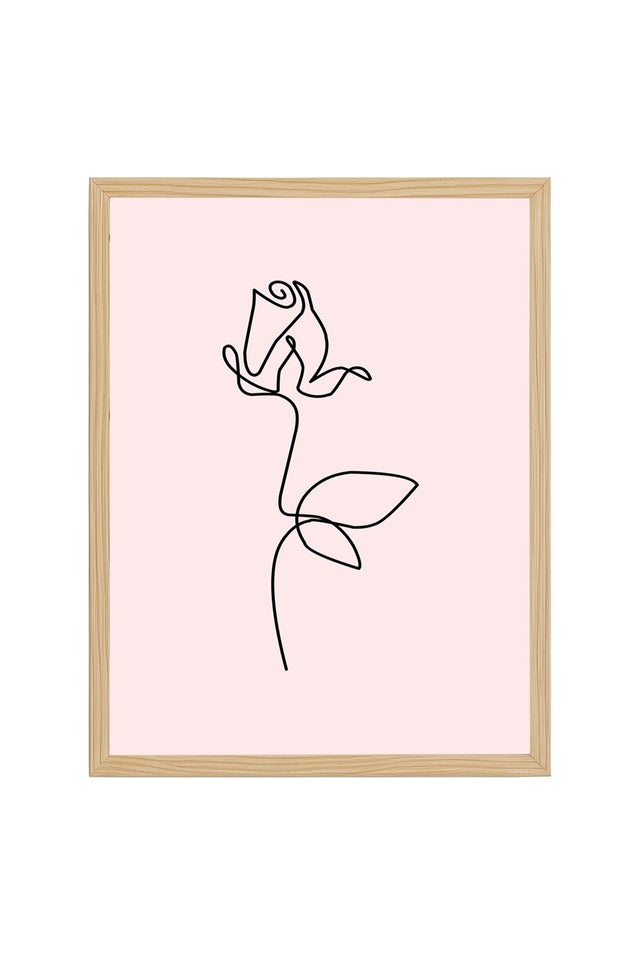 Doğal Ahşap Çerçeveli Retro Çizgi Desenli Gül Tablo - Minimalist | huhu2350