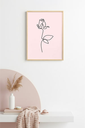 Doğal Ahşap Çerçeveli Retro Çizgi Desenli Gül Tablo - Minimalist | huhu2350
