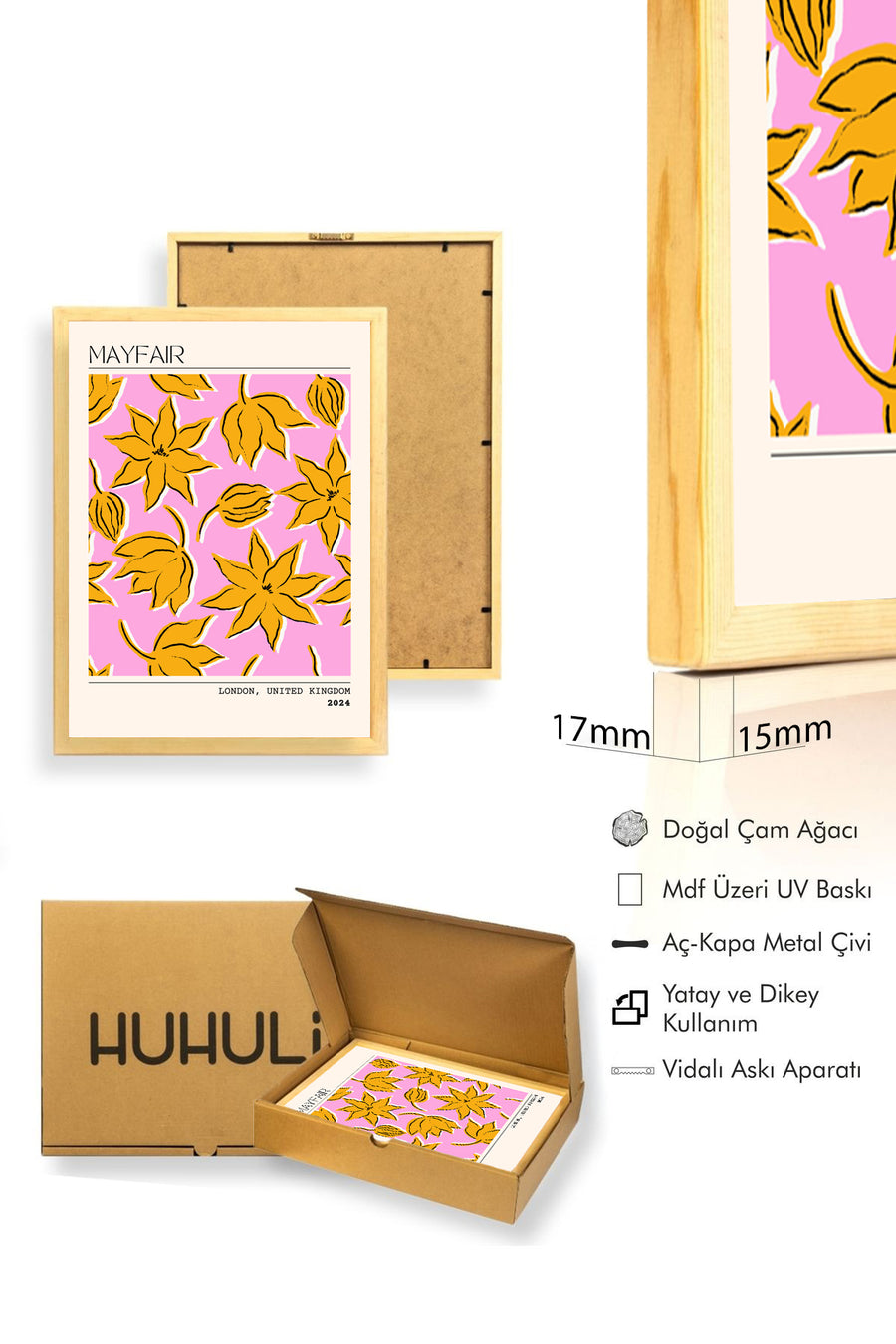 Doğal Ahşap Çerçeveli Retro Çiçek Desenli Tablo - Canlı Sarı Tonlar | huhu2351