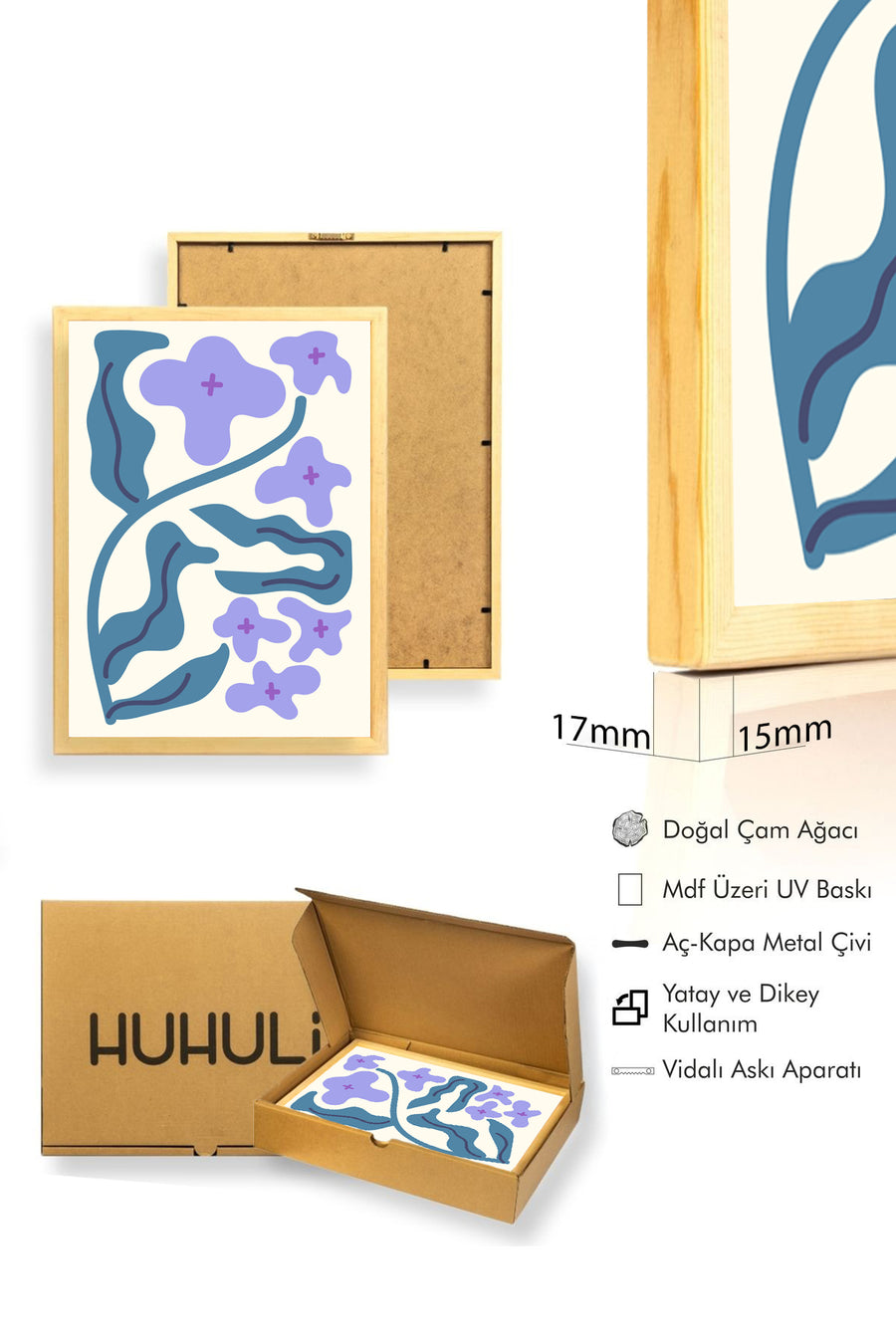 Doğal Ahşap Çerçeveli Retro Tablo - Botanik Çiçek Desenli | huhu2353