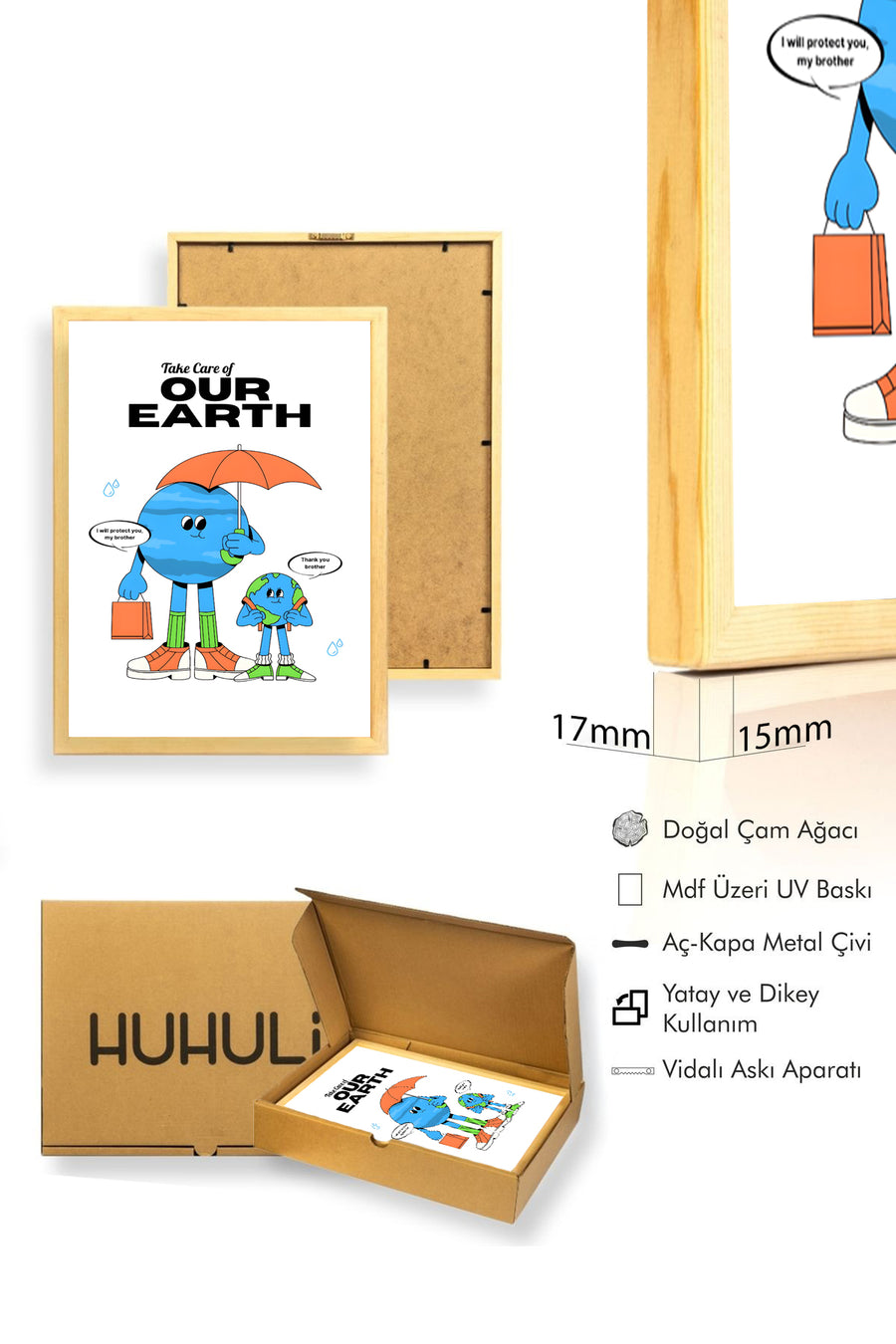 Doğal Ahşap Çerçeveli Dünya Koruma Temalı Retro Tablo - Çevre Dostu | huhu2354