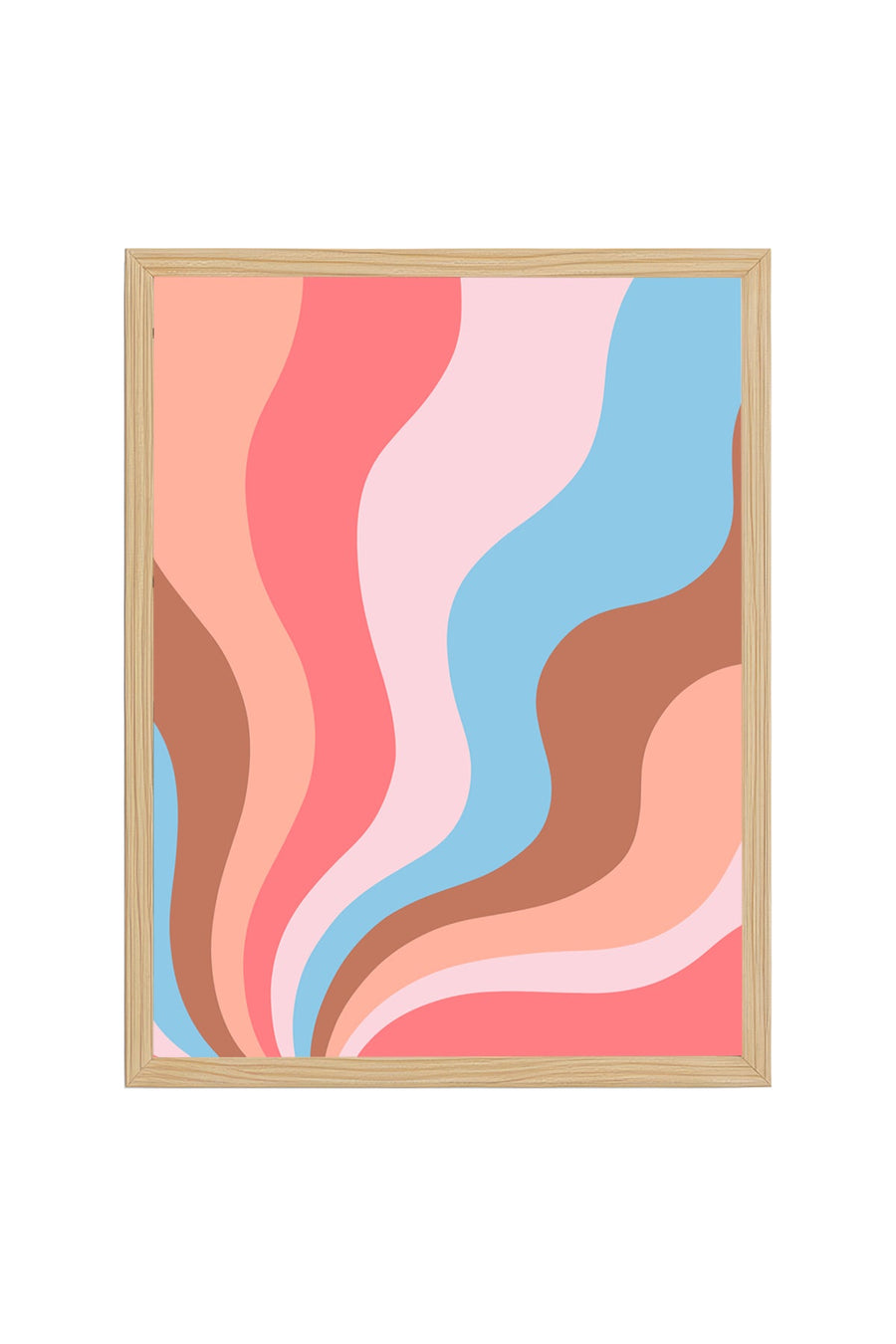 Doğal Ahşap Çerçeveli Retro Dalgalı Soyut Desenli Tablo - Pastel Tonlar | huhu2356