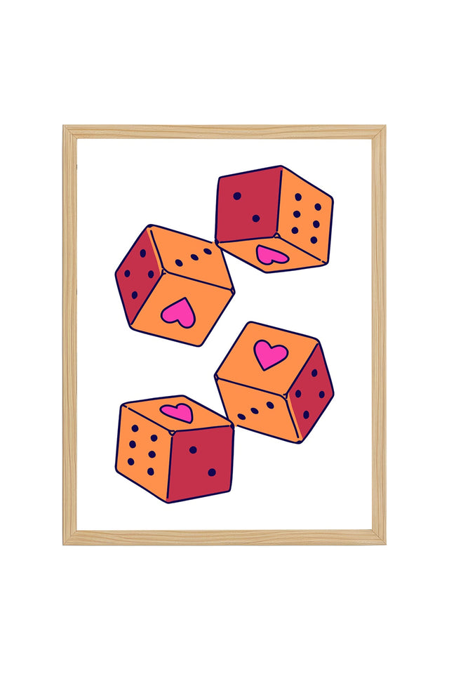 Doğal Ahşap Çerçeveli Retro Tablo - Kalpli Geometrik Desenli Pop Art | huhu2357