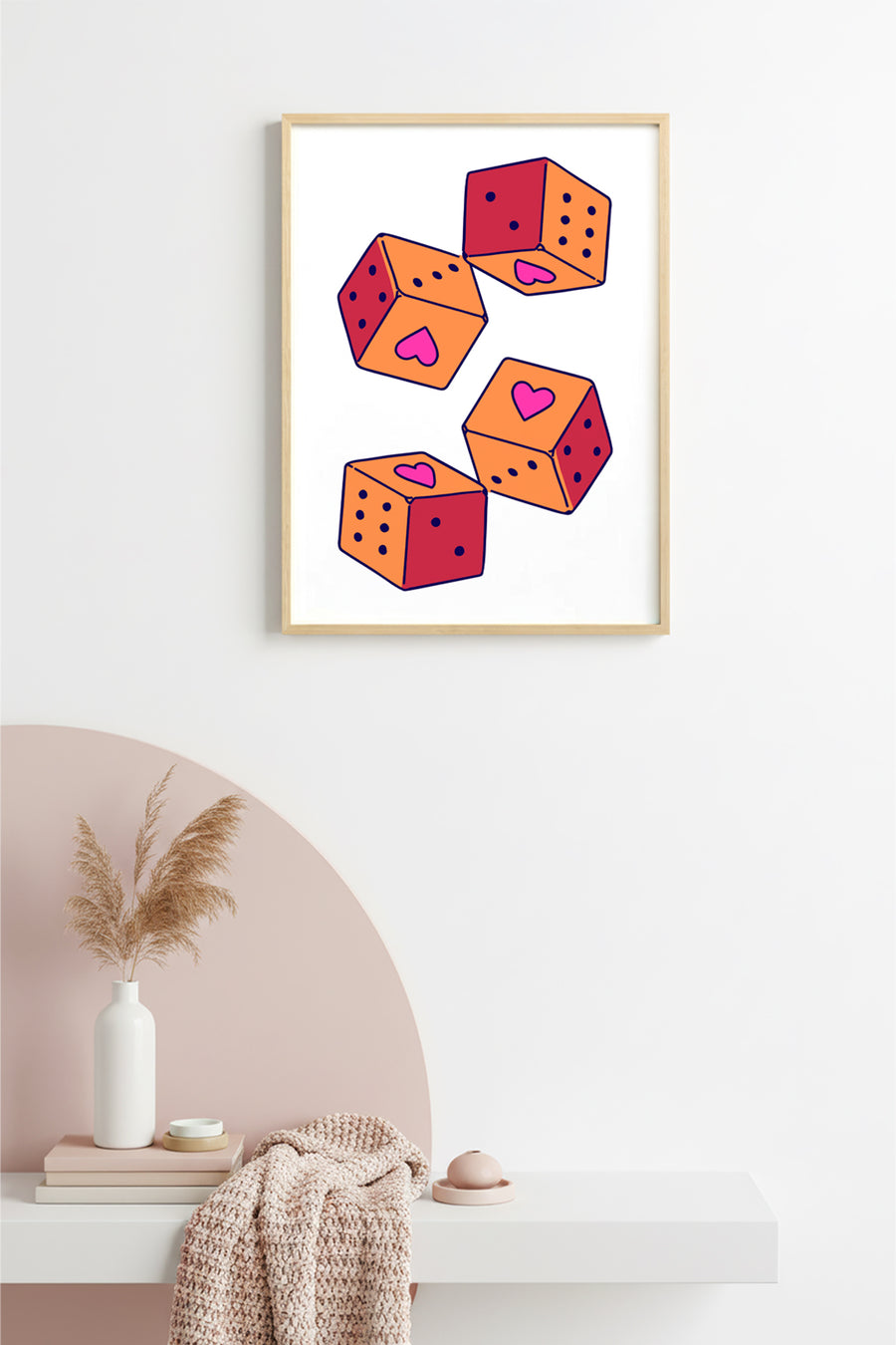 Doğal Ahşap Çerçeveli Retro Tablo - Kalpli Geometrik Desenli Pop Art | huhu2357