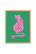 Doğal Ahşap Çerçeveli Retro Leopar Tablo - Pembe Hayvan Sanatı | huhu2359