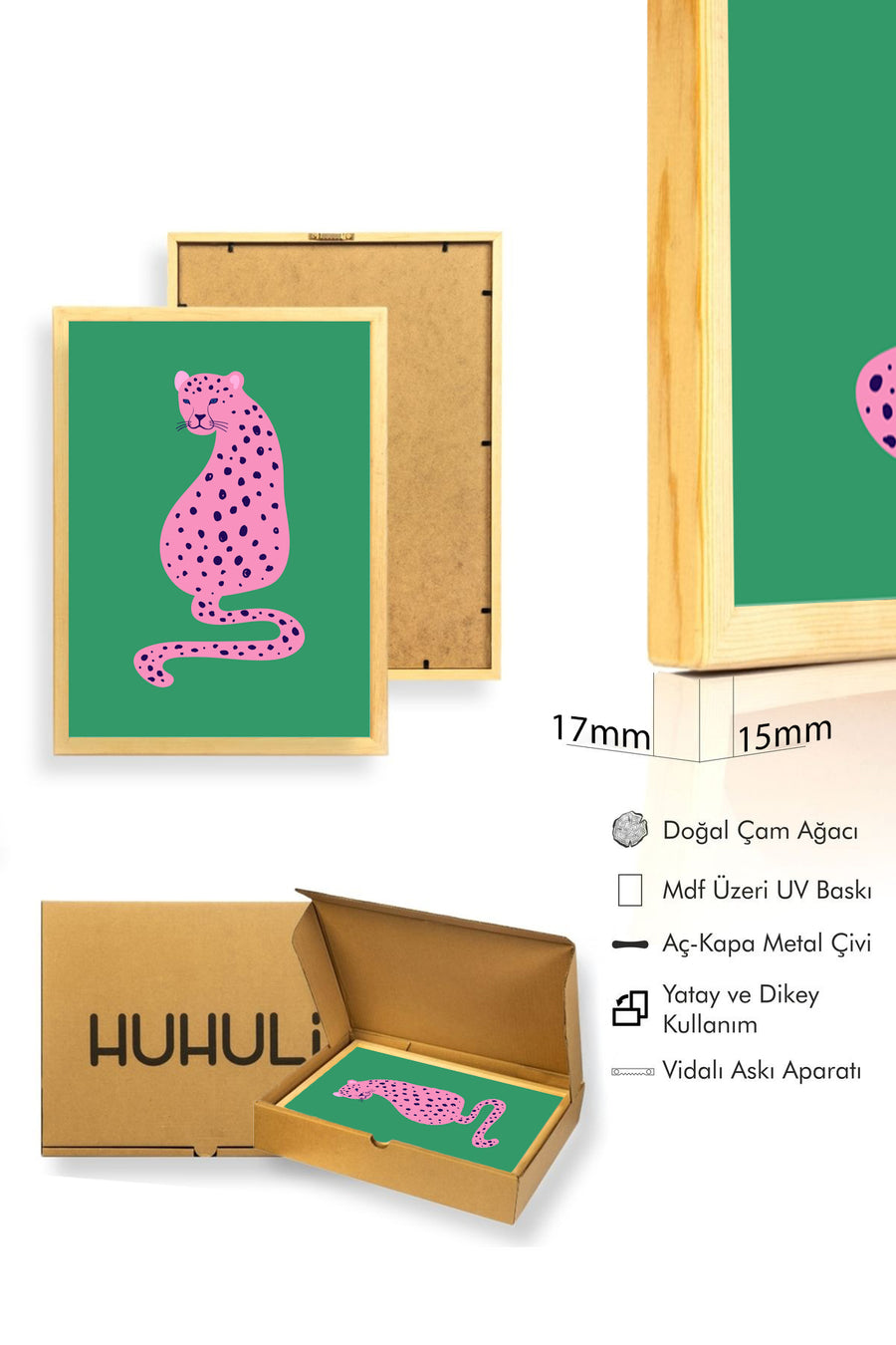 Doğal Ahşap Çerçeveli Retro Leopar Tablo - Pembe Hayvan Sanatı | huhu2359