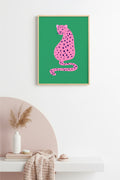 Doğal Ahşap Çerçeveli Retro Leopar Tablo - Pembe Hayvan Sanatı | huhu2359