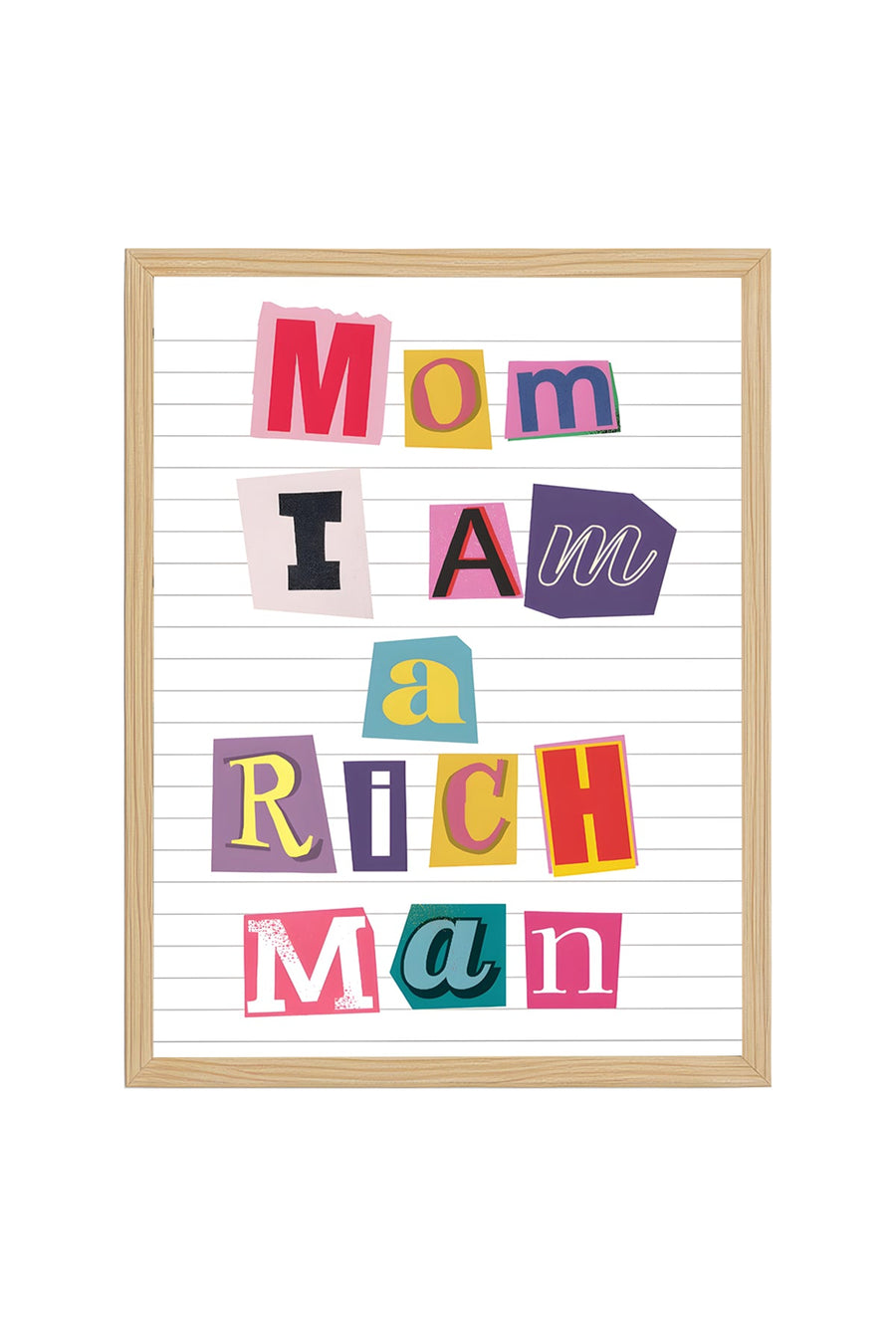 Doğal Ahşap Çerçeveli Retro Tipografi Poster - Mom I Am Rich Man Mesajı | huhu2360