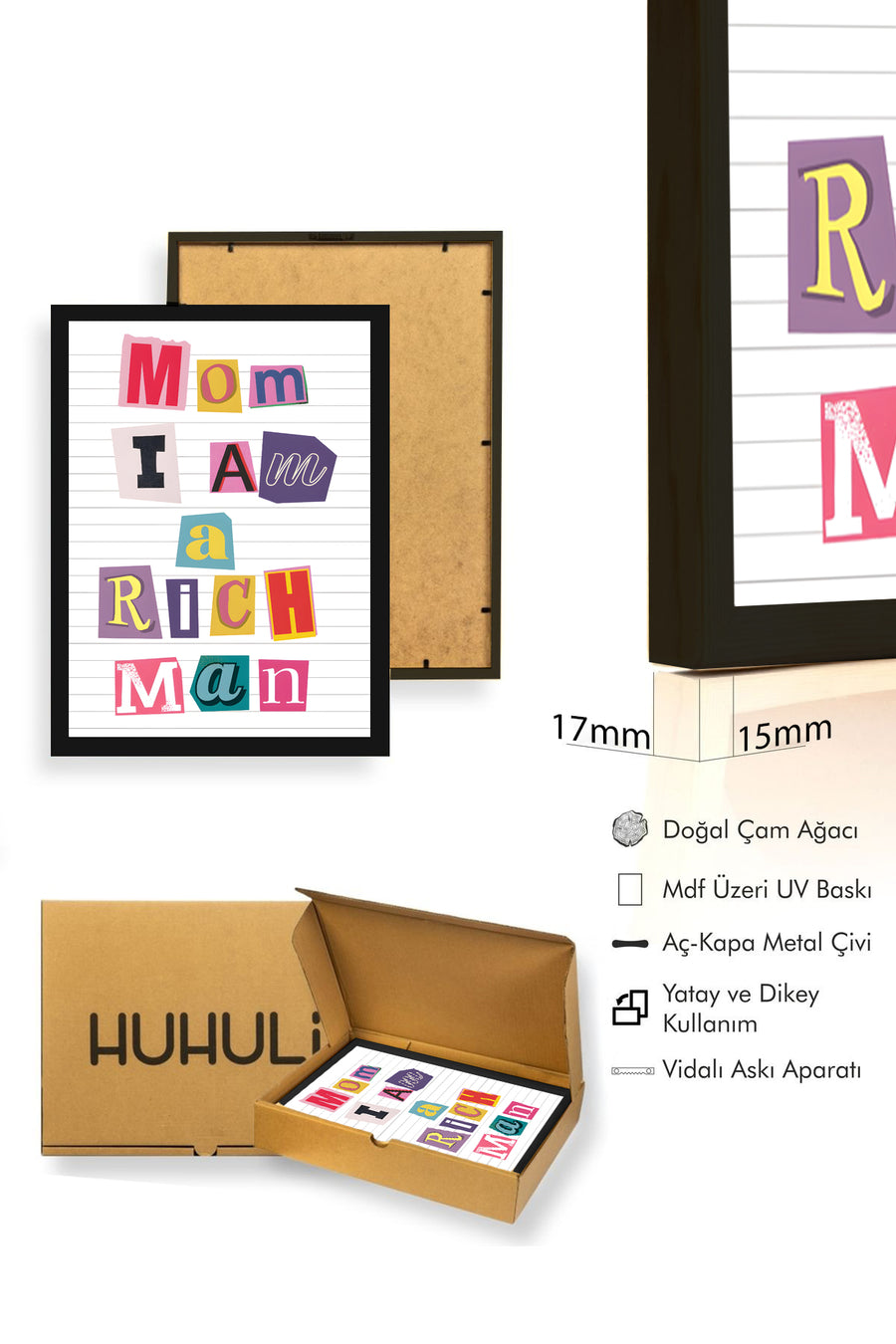 Doğal Ahşap Çerçeveli Retro Tipografi Poster - Mom I Am Rich Man Mesajı | huhu2360