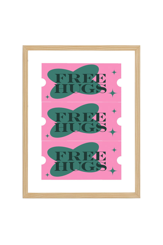 Doğal Ahşap Çerçeveli Retro Tablo - Yeşil Pembe Free Hugs | huhu2361