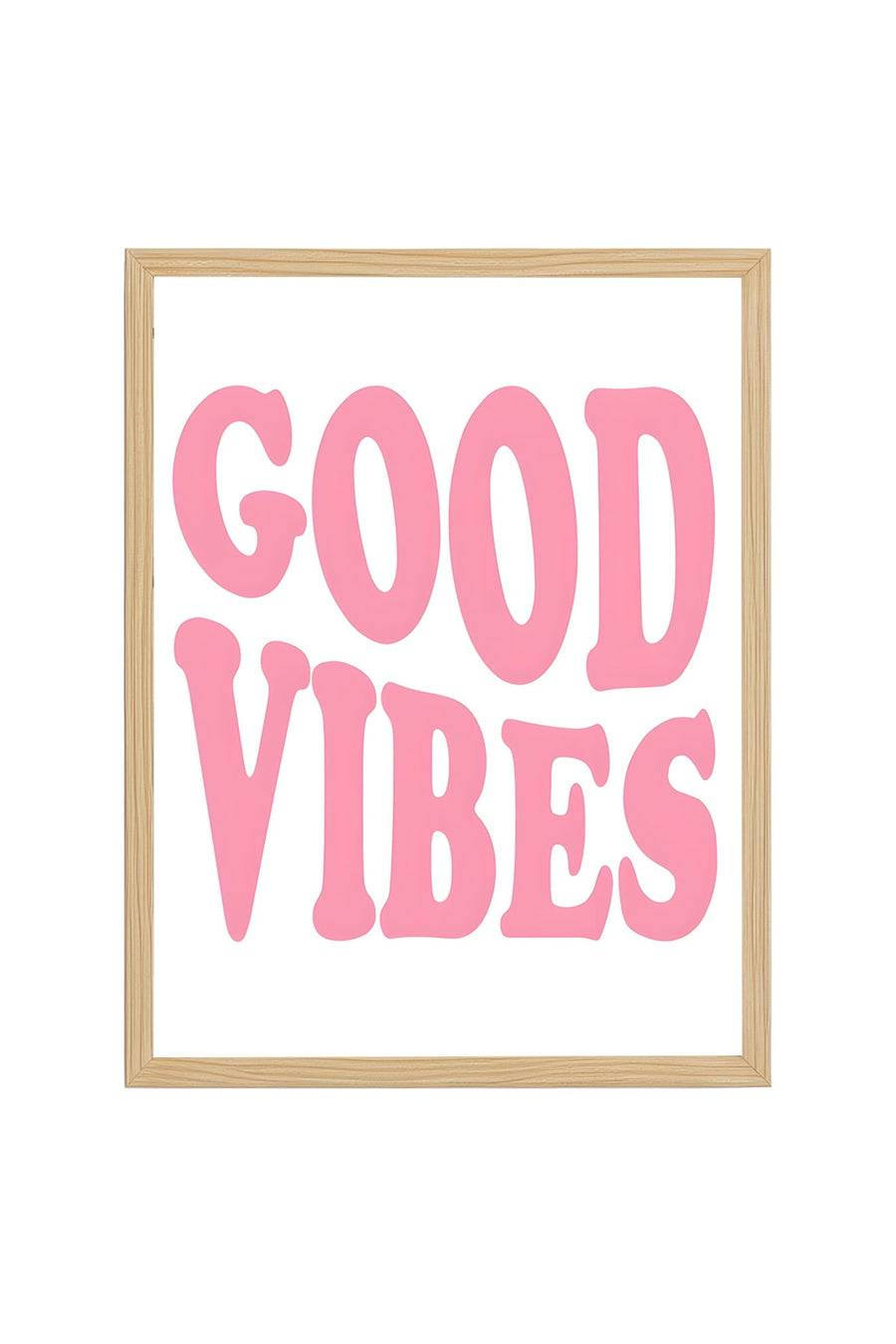 Doğal Ahşap Çerçeveli Retro Tablo - Good Vibes Pembe Yazı Tasarım | huhu2362