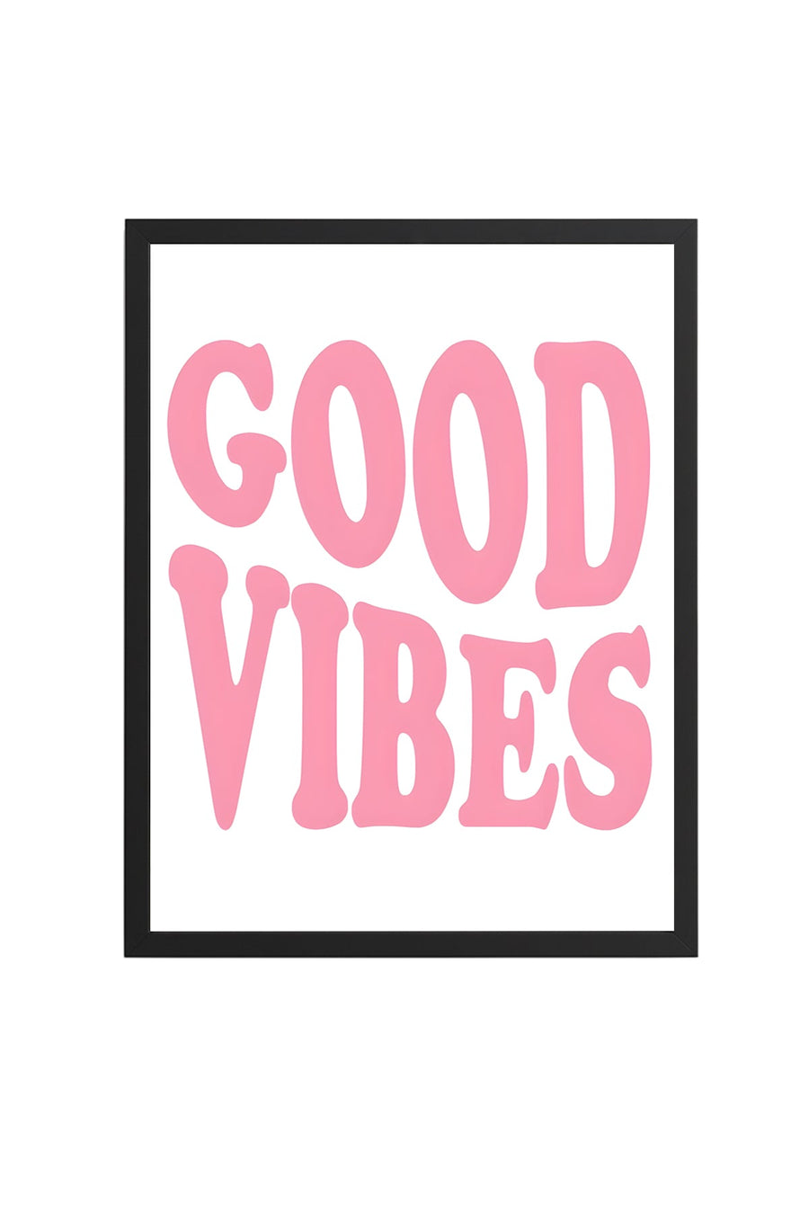 Doğal Ahşap Çerçeveli Retro Tablo - Good Vibes Pembe Yazı Tasarım | huhu2362