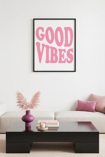 Doğal Ahşap Çerçeveli Retro Tablo - Good Vibes Pembe Yazı Tasarım | huhu2362