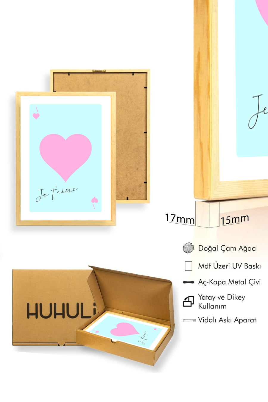 Doğal Ahşap Çerçeveli Retro Kalp Tablo - Pembe Je T'aime Dekorasyon | huhu2365