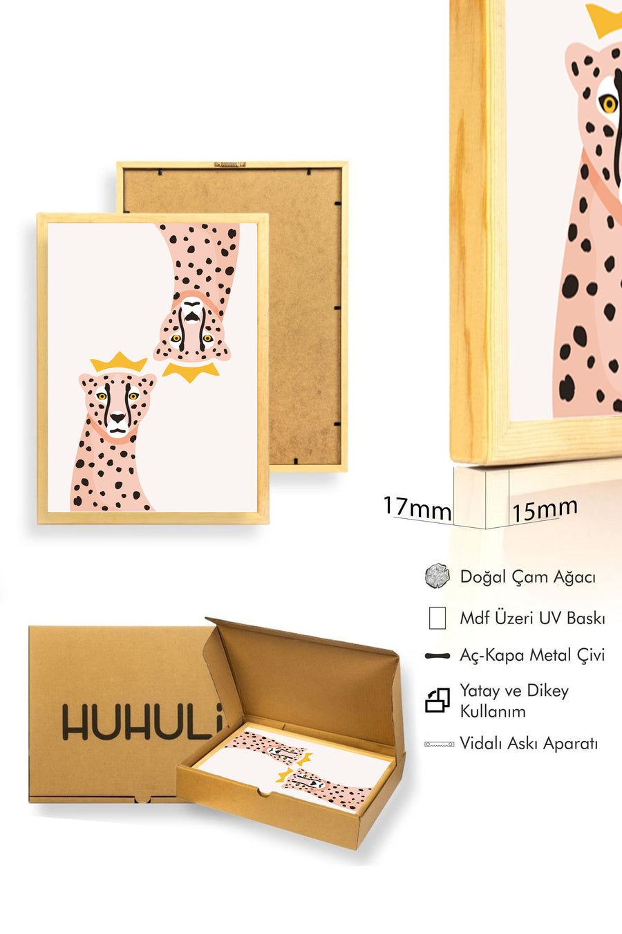 Doğal Ahşap Çerçeveli Retro Leopar Portresi Tablo - Pop Art Hayvan Sanatı | huhu2366