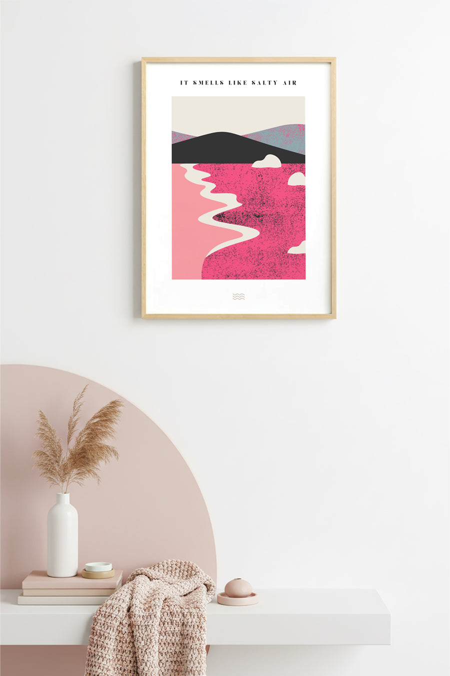 Doğal Ahşap Çerçeveli Retro Abstract Tablo - Pastel Sahil Manzarası | huhu2369