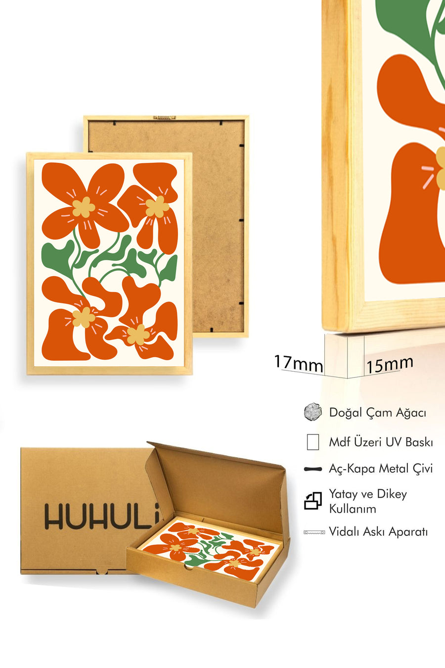 Doğal Ahşap Çerçeveli Retro Tablo - Turuncu Çiçek Desenli | huhu2370