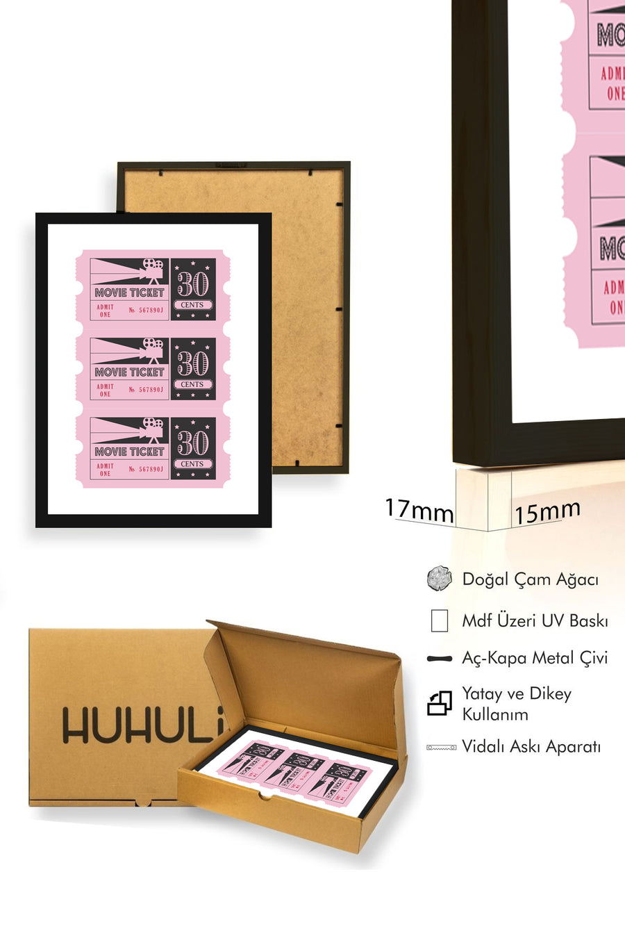 Doğal Ahşap Çerçeveli Retro Sinema Bileti Tablo - Pembe Geçmişten Tasarım | huhu2375