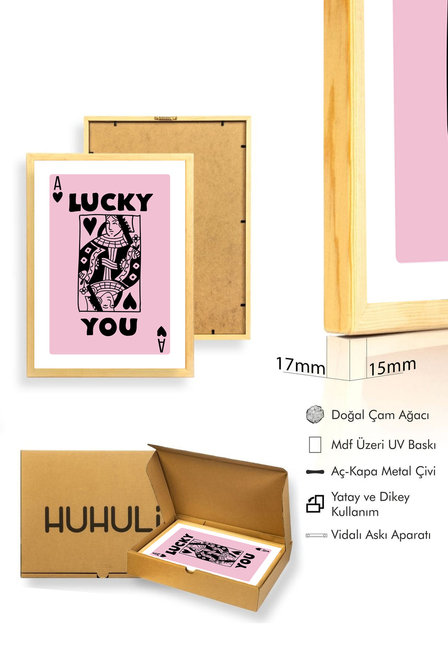 Doğal Ahşap Çerçeveli Retro Grafik Tablo - Pop Art Uğur Figürlü Sanat Baskı | huhu2377