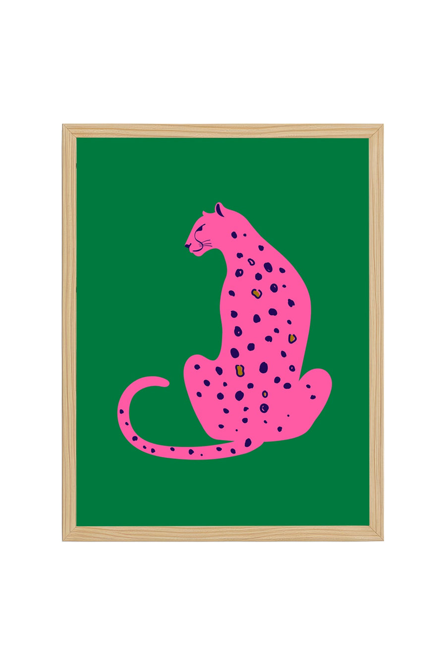 Doğal Ahşap Çerçeveli Retro Kedi Tablo - Pembe Leopar Desenli | huhu2379