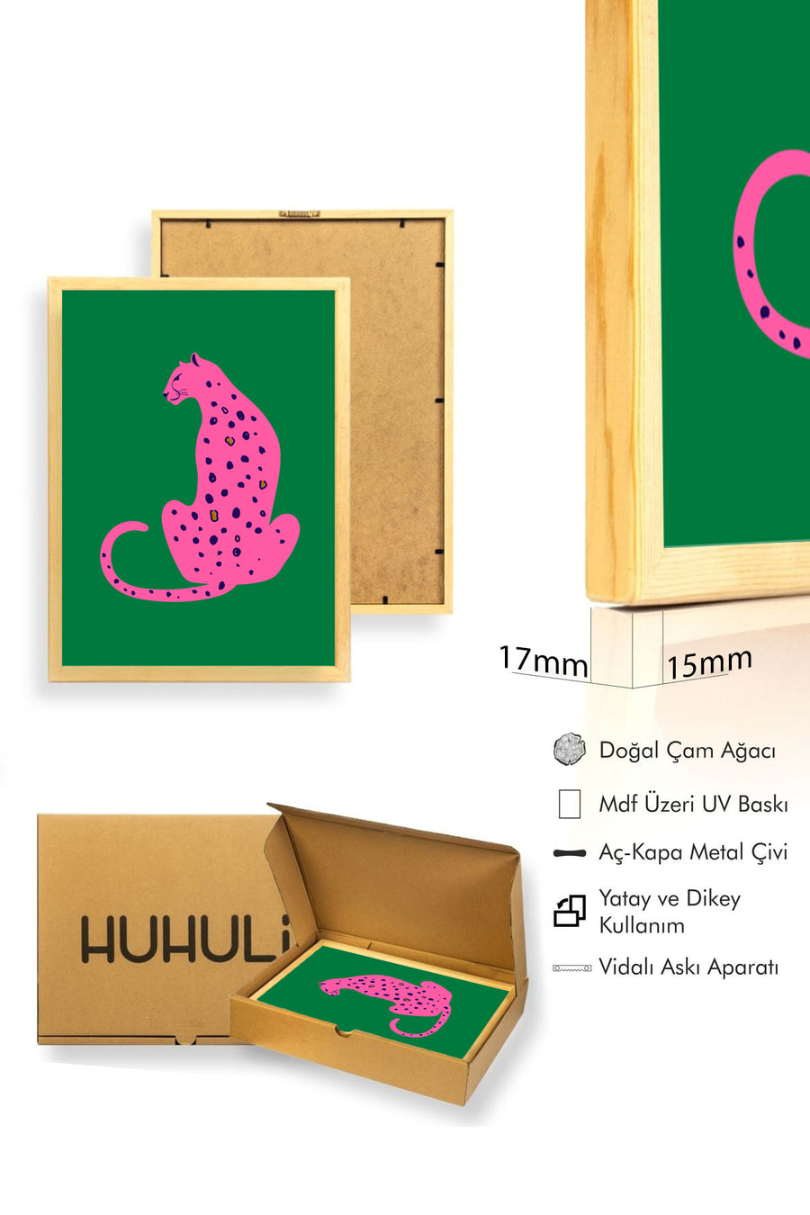Doğal Ahşap Çerçeveli Retro Kedi Tablo - Pembe Leopar Desenli | huhu2379