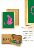 Doğal Ahşap Çerçeveli Retro Kedi Tablo - Pembe Leopar Desenli | huhu2379