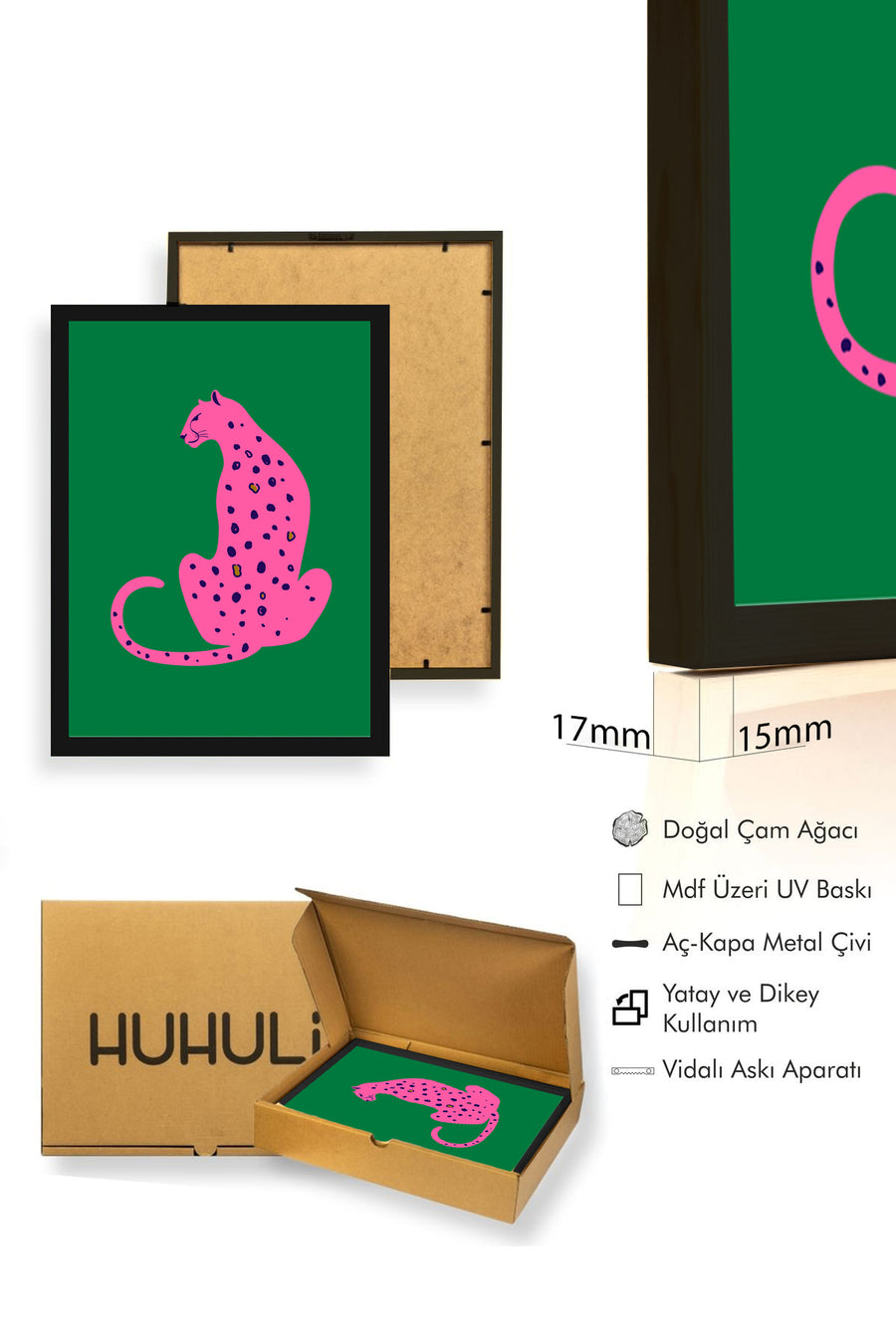 Doğal Ahşap Çerçeveli Retro Kedi Tablo - Pembe Leopar Desenli | huhu2379