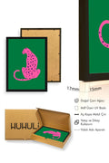 Doğal Ahşap Çerçeveli Retro Kedi Tablo - Pembe Leopar Desenli | huhu2379