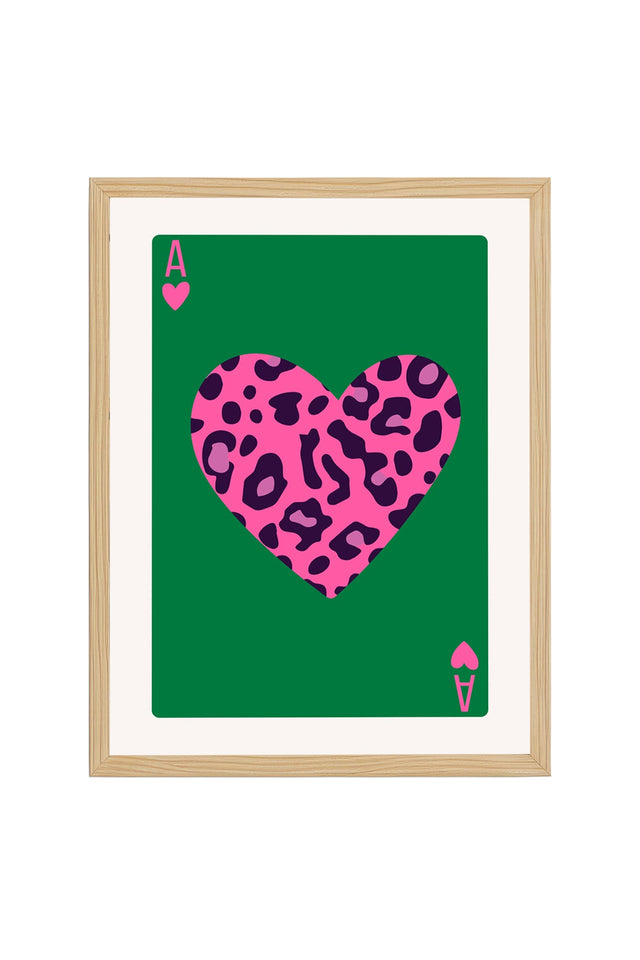 Doğal Ahşap Çerçeveli Retro Leopar Desenli Kalp Tablo - Pembe | huhu2380