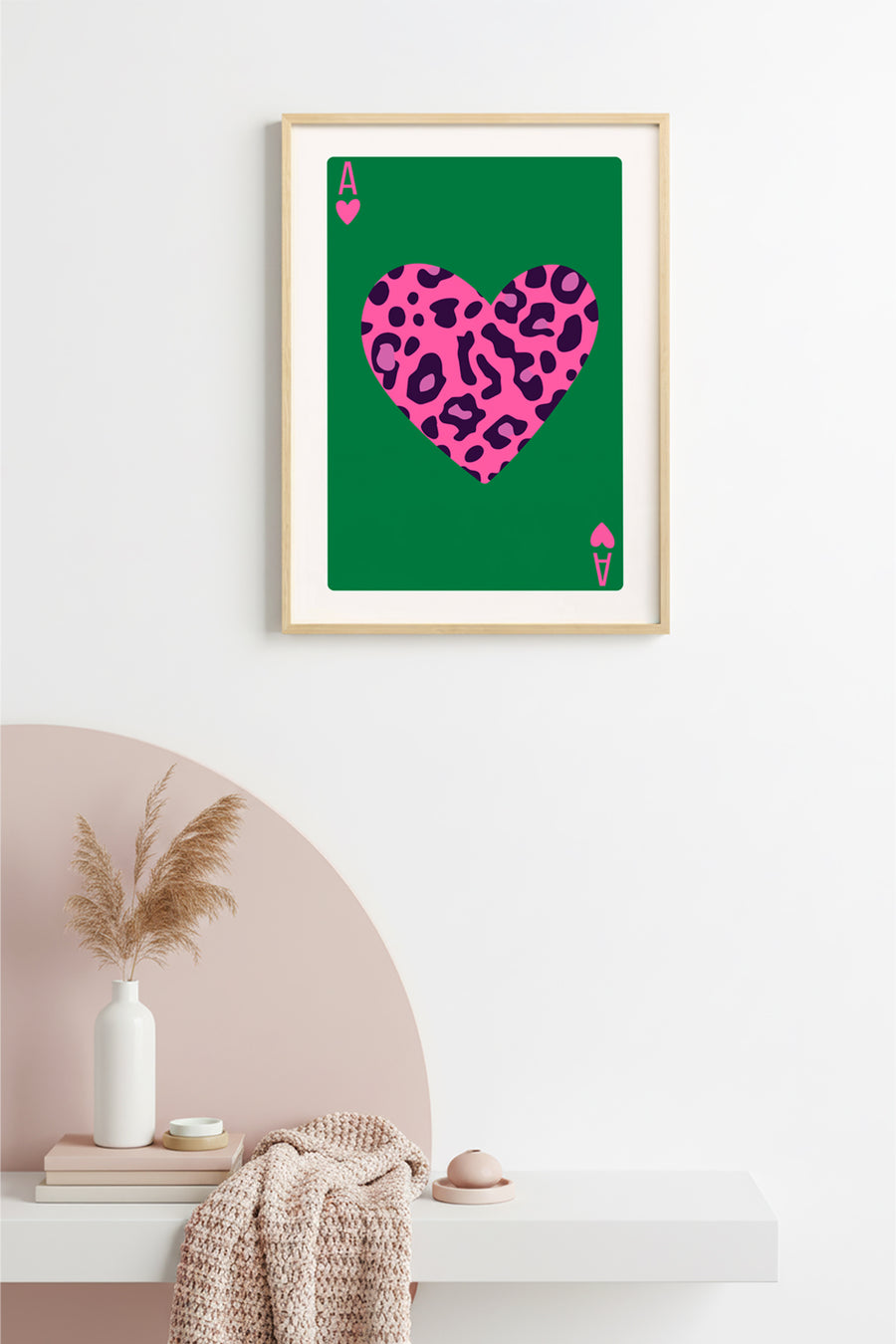 Doğal Ahşap Çerçeveli Retro Leopar Desenli Kalp Tablo - Pembe | huhu2380