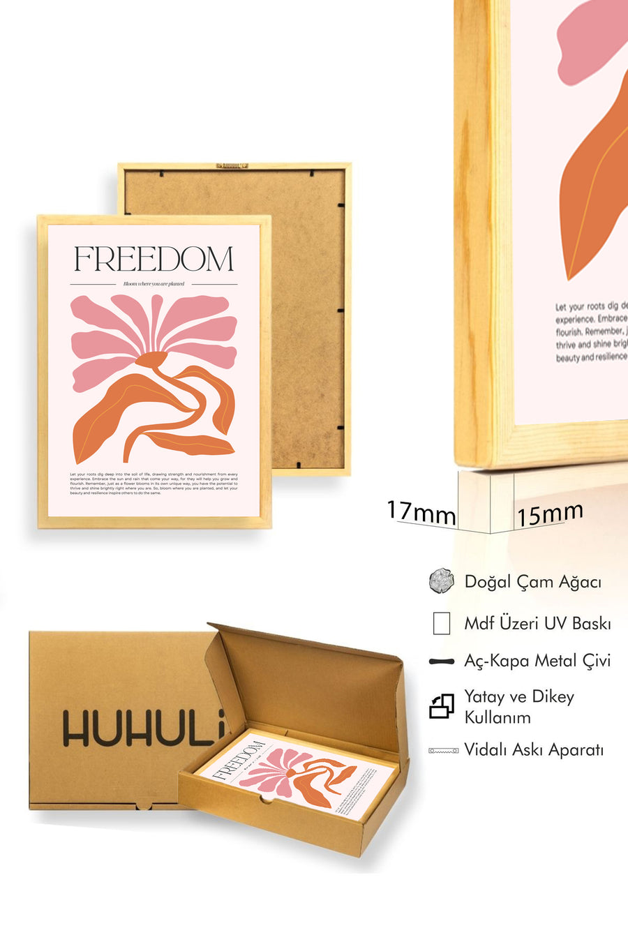 Doğal Ahşap Çerçeveli Retro Çiçek Tablo - Pastel Tonlar | huhu2382