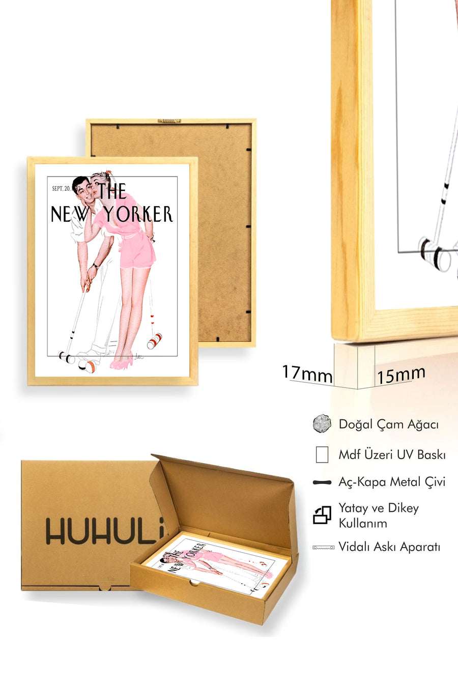 Doğal Ahşap Çerçeveli Vintage Tablo - Retro Pop Art Çift New Yorker | huhu2385