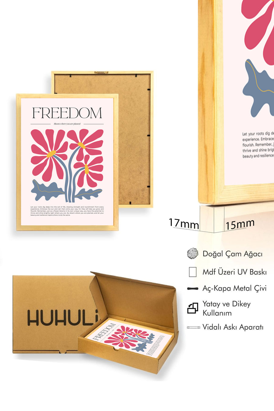 Doğal Ahşap Çerçeveli Retro Çiçek Tablo - Canlı Boho Desen | huhu2390