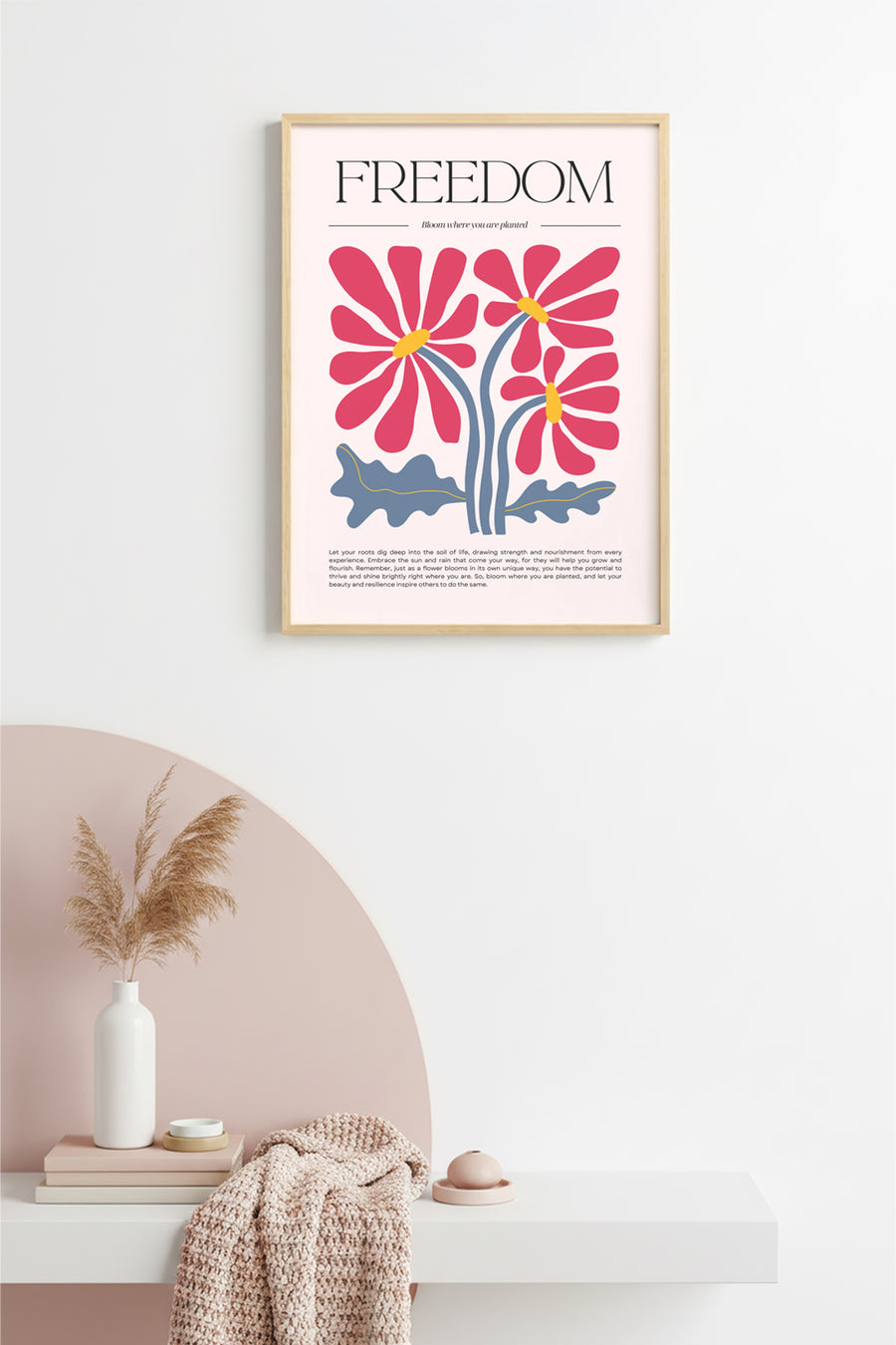Doğal Ahşap Çerçeveli Retro Çiçek Tablo - Canlı Boho Desen | huhu2390