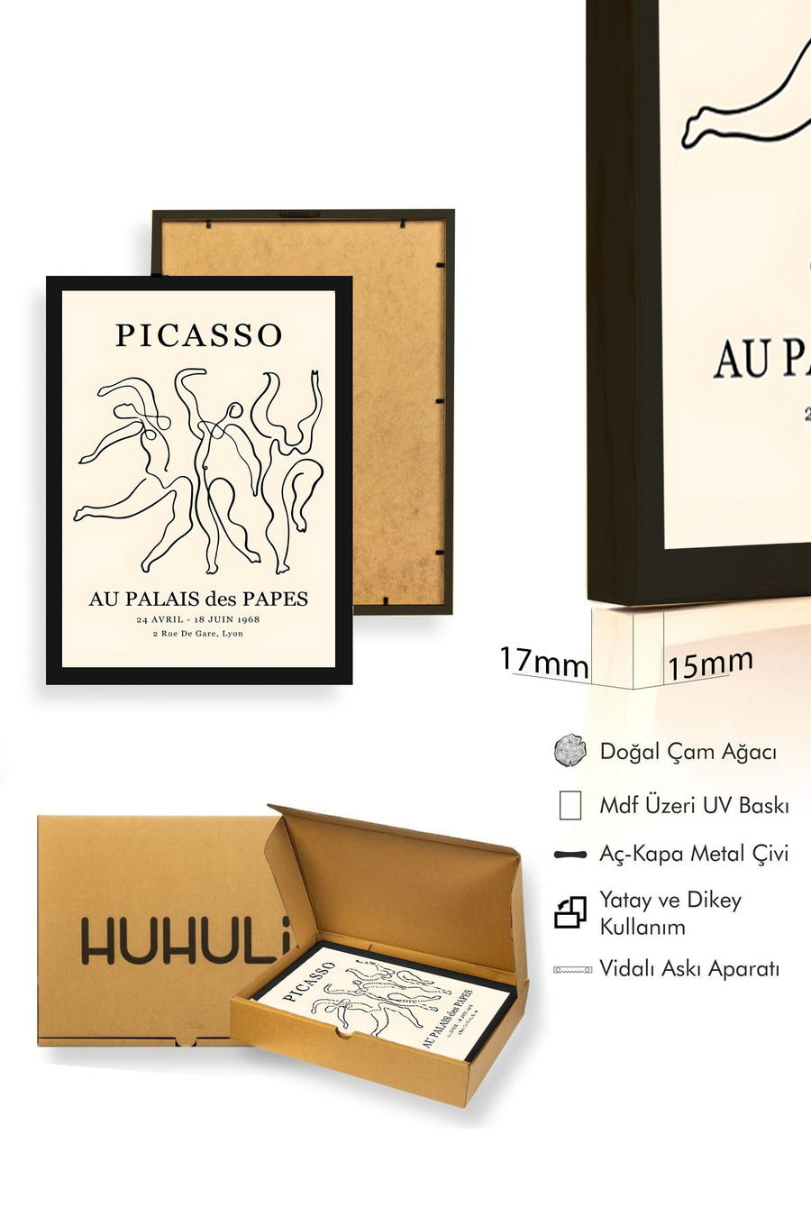Doğal Ahşap Çerçeveli Line Art Tablo - Soyut İnsan Figürlü Retro Tablo - Picasso | huhu2401