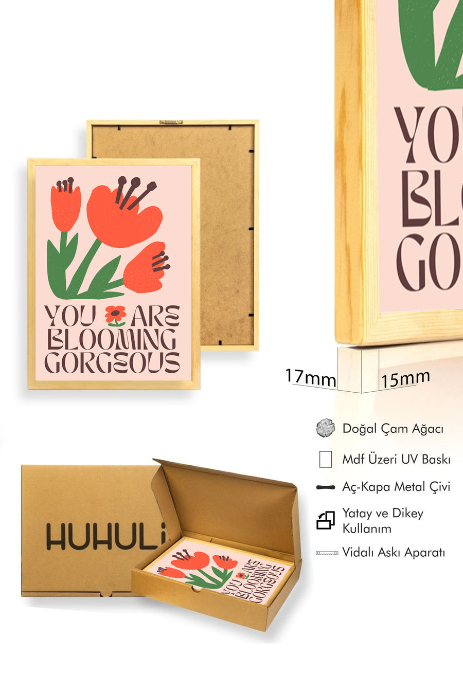 Doğal Ahşap Çerçeveli Pop Art Çiçekli Retro Tablo - Canlı Desen | huhu2403