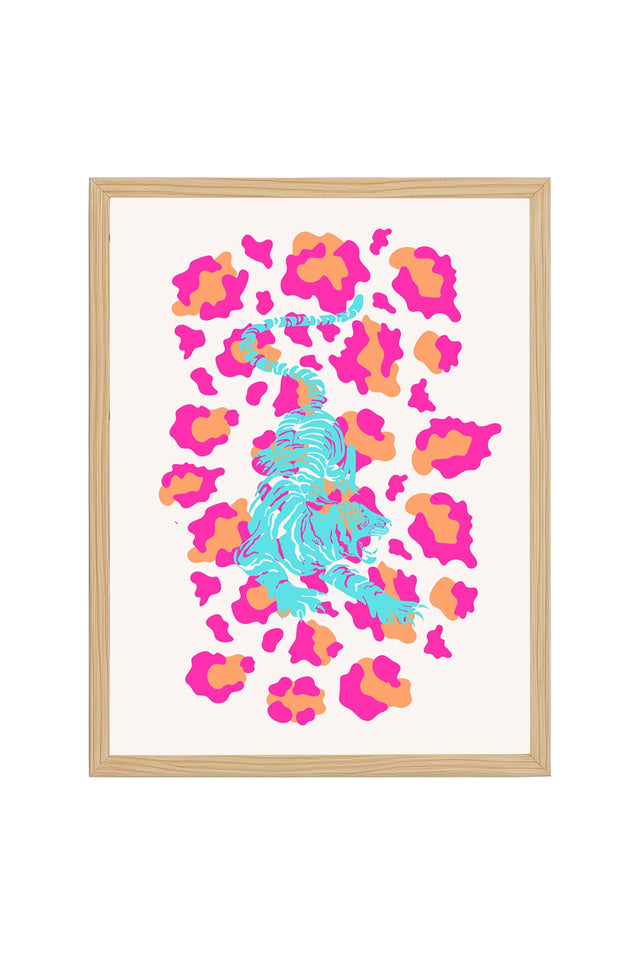 Doğal Ahşap Çerçeveli Retro Kaplan Tablo - Tropikal Hayvan Pop Art Desenli | huhu2406
