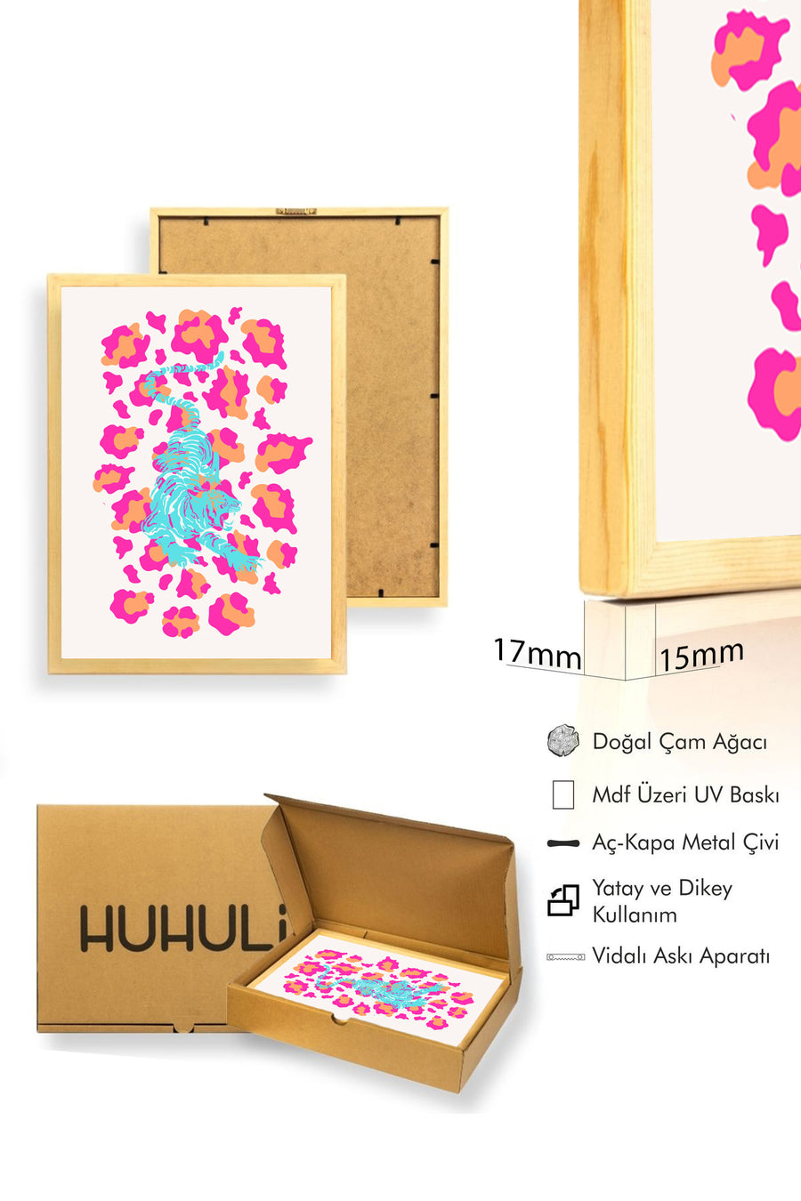 Doğal Ahşap Çerçeveli Retro Kaplan Tablo - Tropikal Hayvan Pop Art Desenli | huhu2406