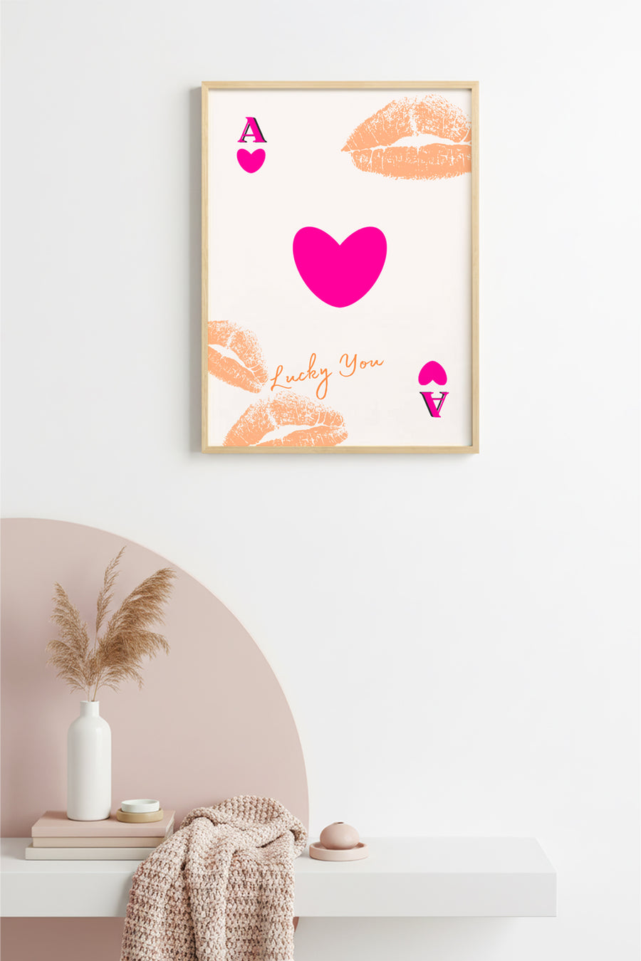 Doğal Ahşap Çerçeveli Retro Pop Art Tablo - Pembe Kalp ve Tipografi | huhu2407