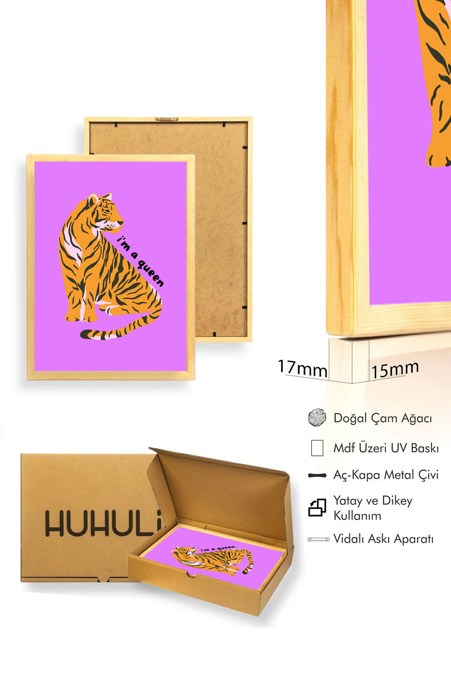 Doğal Ahşap Çerçeveli Retro Kaplan Portresi Tablo - Pop Art Queen | huhu2412