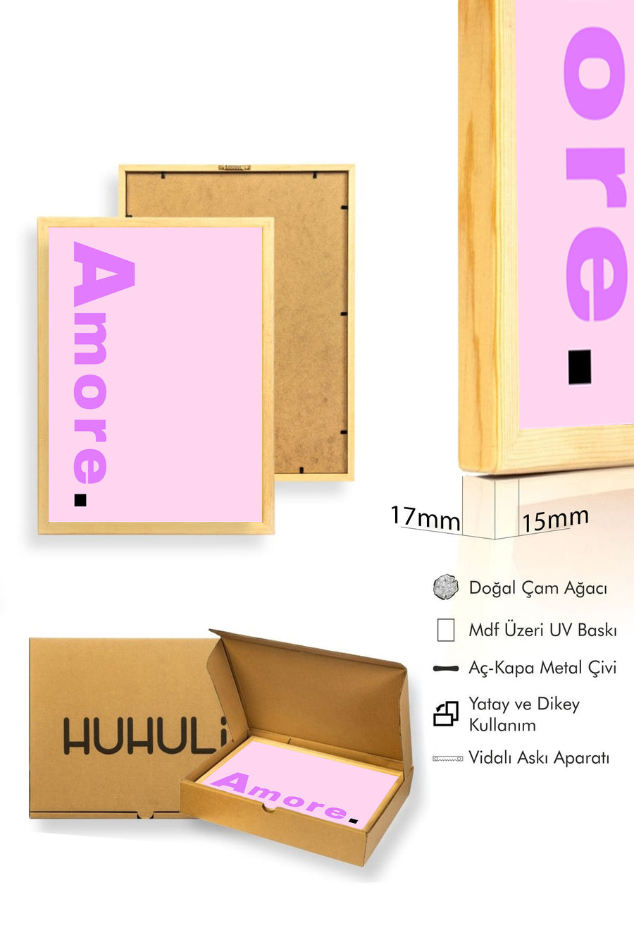 Doğal Ahşap Çerçeveli Retro Amore Tablo - Amore Yazı Tipografi | huhu2415
