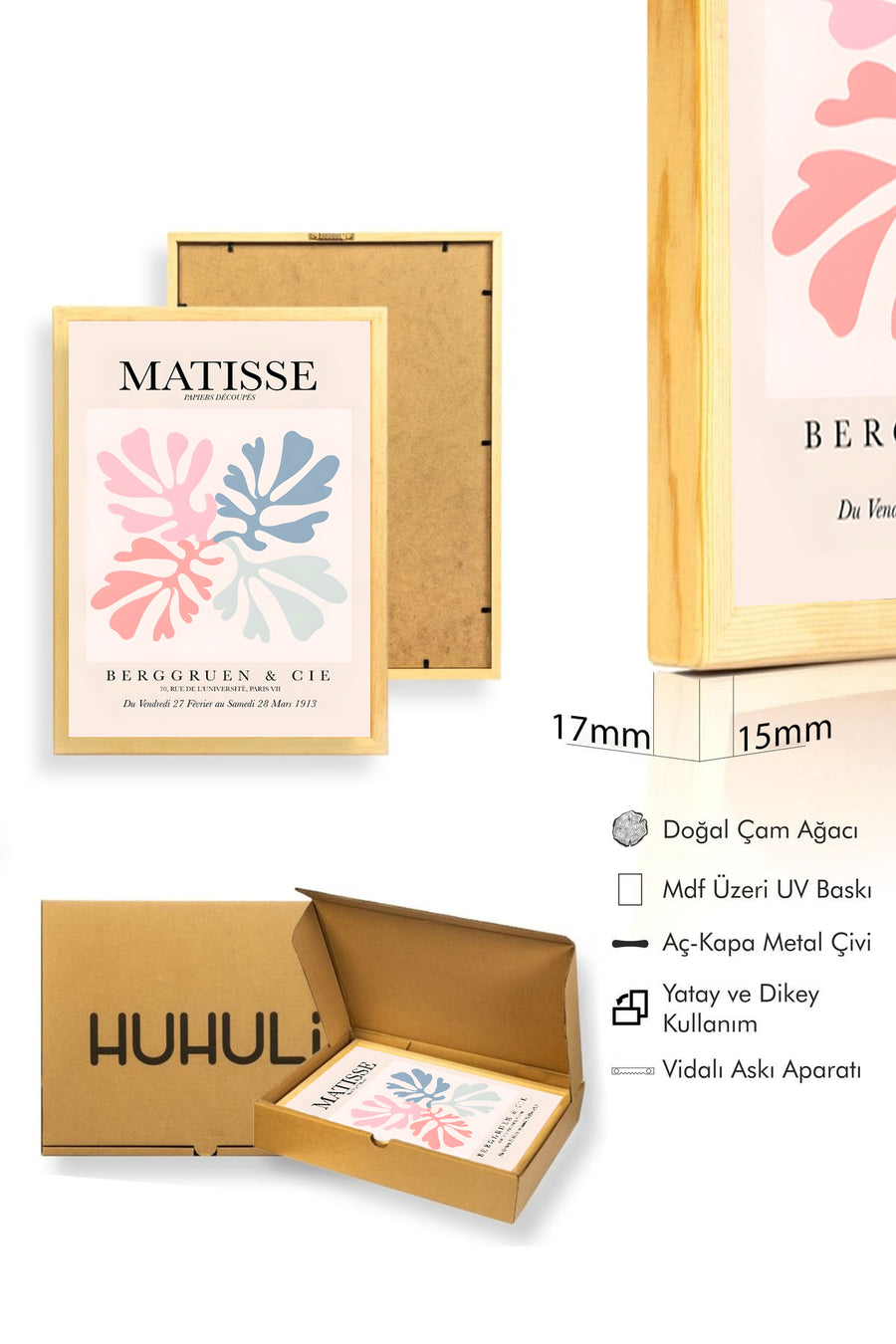 Doğal Ahşap Çerçeveli Retro Tablo - Pastel Tonlarda Tropikal Yaprak | huhu2416