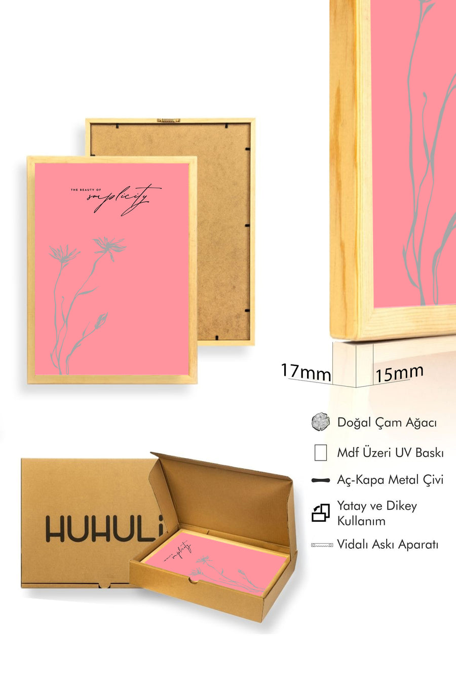 Doğal Ahşap Çerçeveli Retro Tablo - Minimalist Floral Çizim | huhu2417