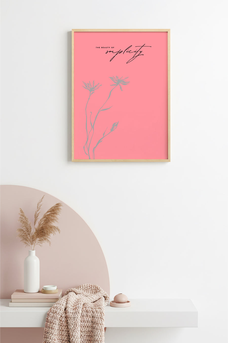 Doğal Ahşap Çerçeveli Retro Tablo - Minimalist Floral Çizim | huhu2417
