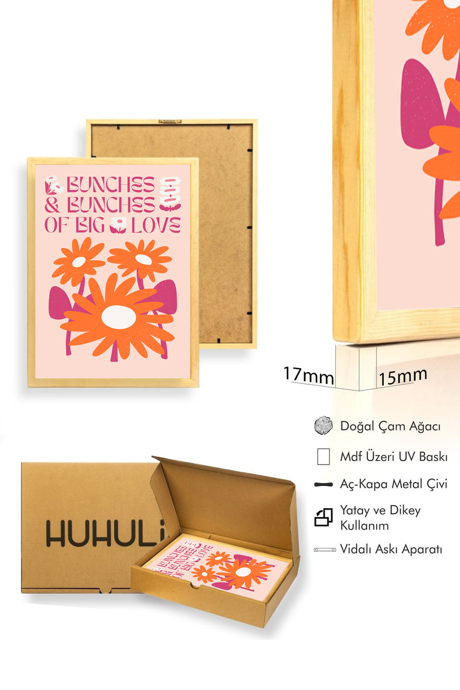 Doğal Ahşap Çerçeveli Retro Çiçekli Tablo - Boho Sevgi Duvar Dekoru | huhu2418