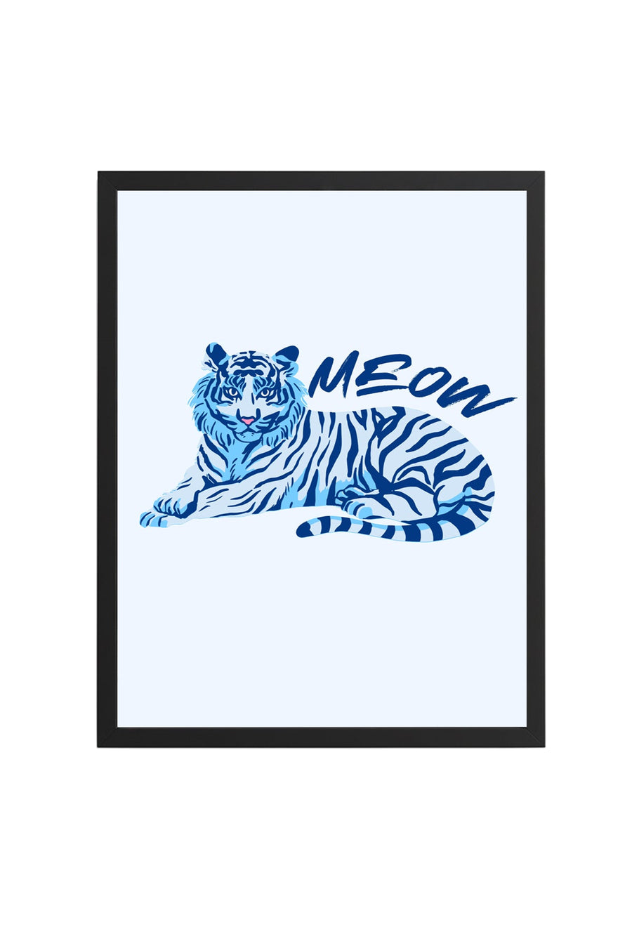 Doğal Ahşap Çerçeveli Retro Kedi Tablo - Mavi Meow Desen | huhu2420