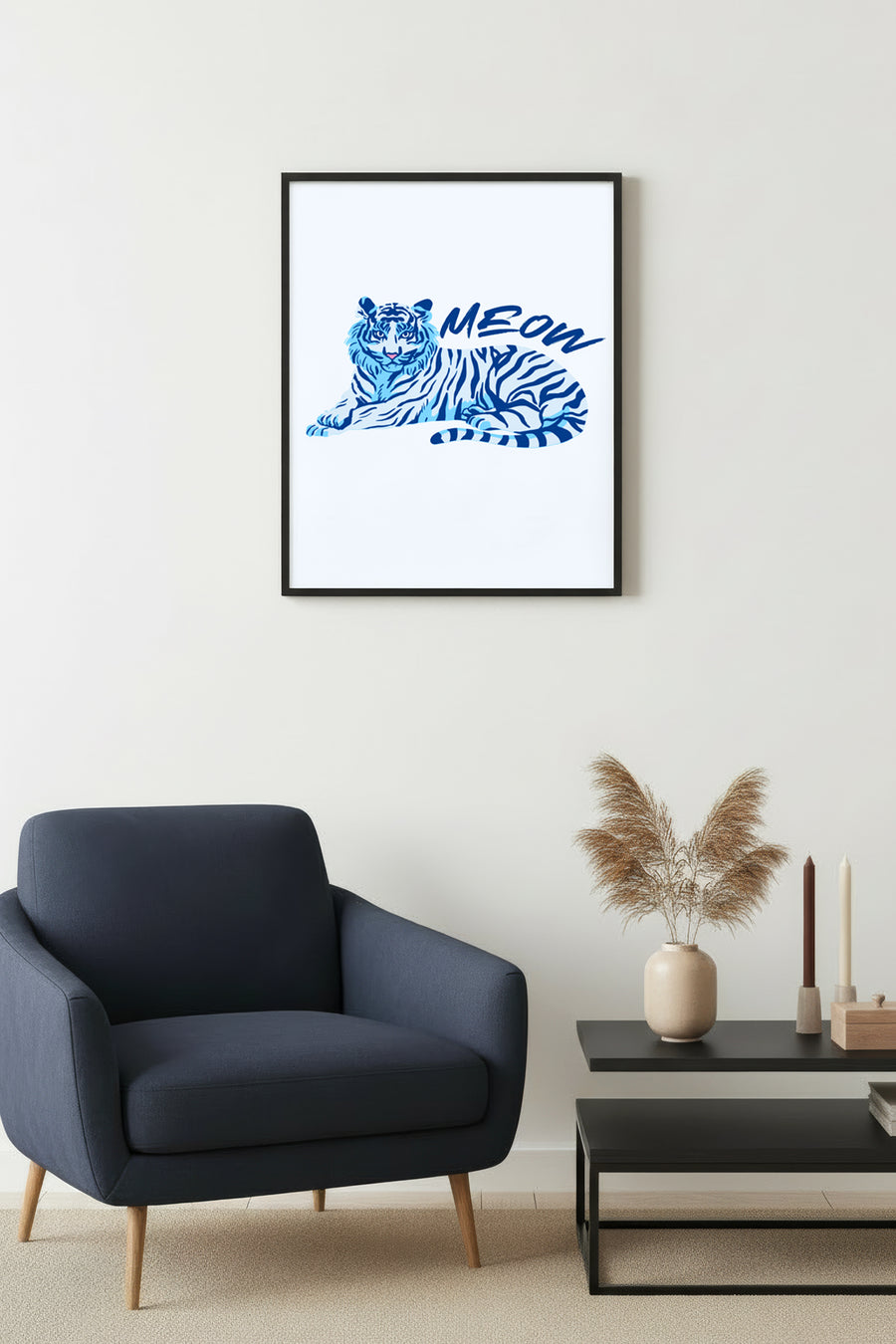 Doğal Ahşap Çerçeveli Retro Kedi Tablo - Mavi Meow Desen | huhu2420